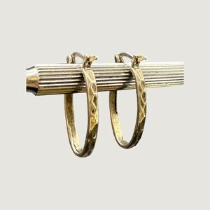 Sterling Silver 925 Hammered Oval Hoop Earrings Textured Latch Back 1 Inch